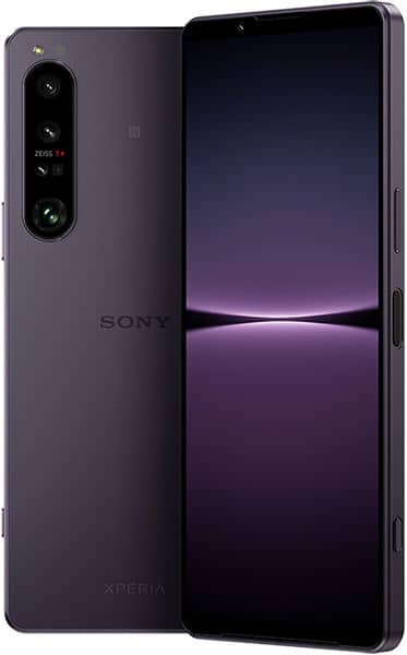 Sony Xperia 1 IV in black shown front and back, highlighting large display, Zeiss-branded rear cameras, and visible side buttons.