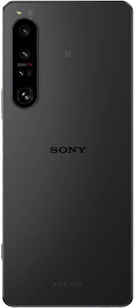 Rear view of black Sony Xperia 1 IV showing triple rear cameras with Zeiss T*, LED flash, centered Sony logo, and Xperia branding.