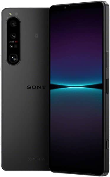 Sony Xperia 1 IV front and rear views showing triple rear ZEISS cameras and a display with blue-purple gradient wallpaper.