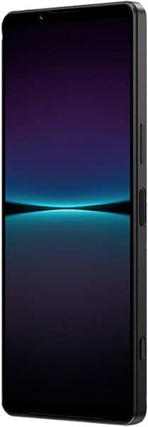 Front angled view of black Sony Xperia 1 IV with screen on, showing a purple-to-blue gradient background.