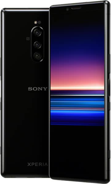 Sony Xperia 1 front and rear view, showing black glass design with triple rear camera and colorful gradient display