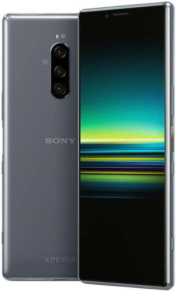 Sony Xperia 1 smartphone shown front and rear, displaying triple camera setup and vibrant gradient screen wallpaper