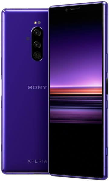 Sony Xperia 1 in purple, rear and front view, showing triple camera and colorful gradient display