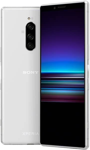 Sony Xperia 1 in white, rear and side view, showing triple camera setup and illuminated screen with blue gradient display