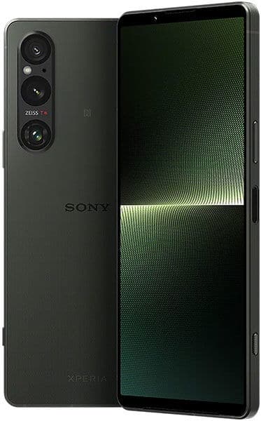 Sony Xperia 1 V front and back view, black phone with triple rear camera system and green-tinted display screen