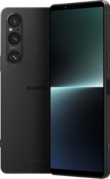 Sony Xperia 1 V front and rear view, showing triple camera setup and display screen