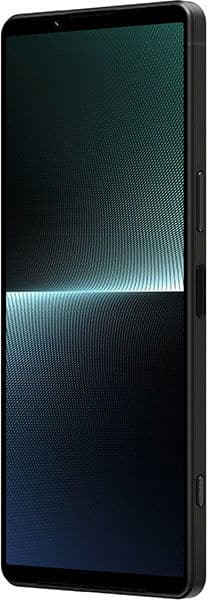 Sony Xperia 1 V front view, black smartphone with tall display showing wavy light pattern