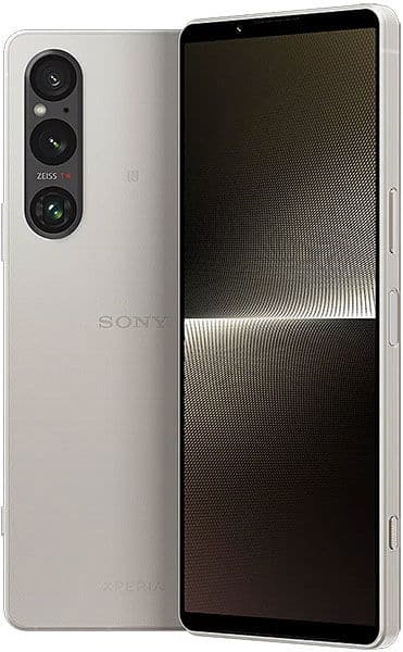 Sony Xperia 1 V in white, rear and side view, showing triple camera array and display screen