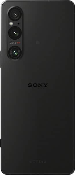 Sony Xperia 1 V rear view, black phone with triple-lens camera system and Zeiss branding