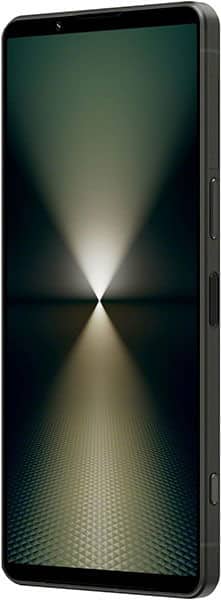 Sony Xperia 1 VI front view showing tall display, thin bezels, side buttons, and a geometric wallpaper with bright light.
