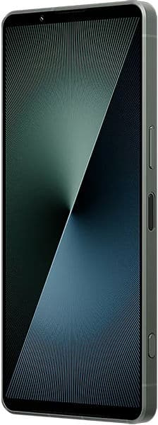 Sony Xperia 1 VII smartphone displayed front-on, showing dark screen with geometric gradient pattern and side button details visible