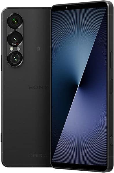 Sony Xperia 1 VII rear three-quarter view showing triple camera array and blue display screen