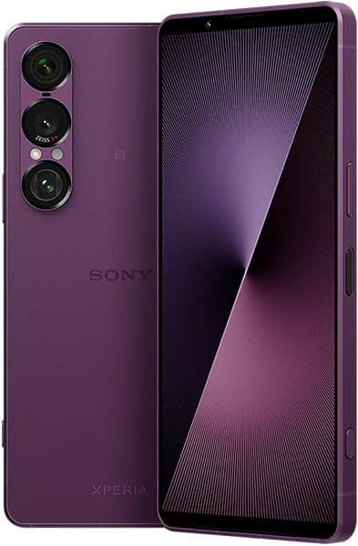 Sony Xperia 1 VII in purple, front and rear view showing triple rear cameras and display screen
