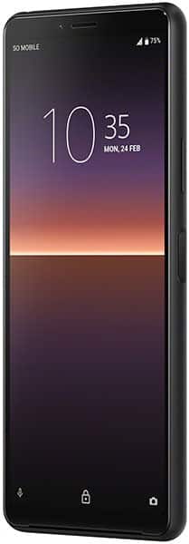 Sony Xperia 10 II front view, black smartphone with purple and orange gradient wallpaper displaying time and date