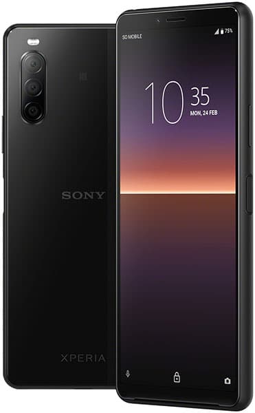 Sony Xperia 10 II, black, shown front and rear views with sunset-themed lock screen displaying time and date