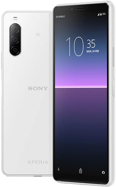 Sony Xperia 10 II in white, shown front and rear views with dual rear cameras and lock screen displaying time and date