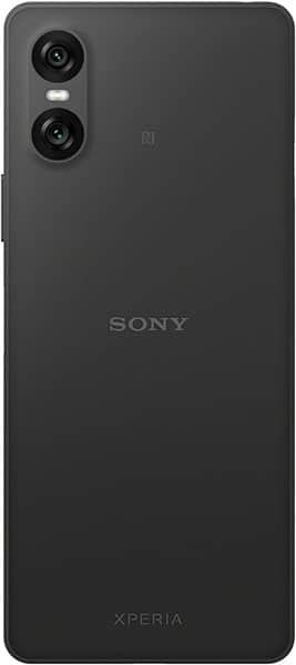 Rear view of matte black Sony Xperia 10 VI, dual rear cameras top left, Sony logo center, Xperia branding at bottom.