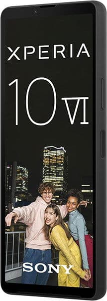 Front view of Sony Xperia 10 VI showing screen with "Xperia 10 VI" text and a night photo highlighting camera clarity.