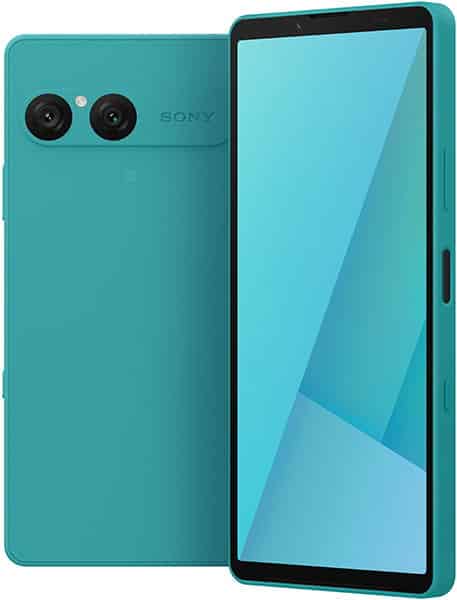 Sony Xperia 10 VII in teal, shown from front and rear angles with dual rear cameras and bright display screen