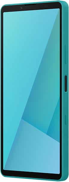 Sony Xperia 10 VII front view, turquoise phone with blue geometric display design, held in portrait orientation