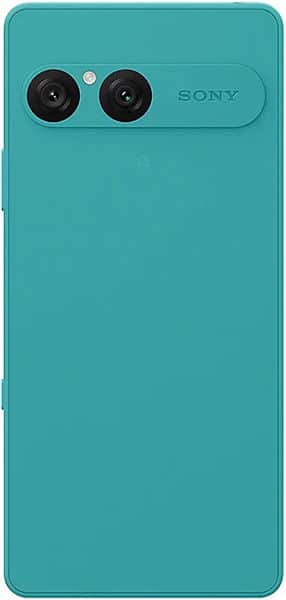 Sony Xperia 10 VII rear view, turquoise phone with dual camera lenses and Sony branding visible