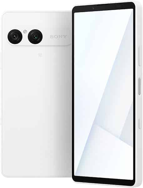Sony Xperia 10 VII in white, rear and front views showing dual rear cameras and display screen