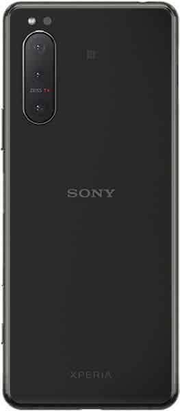 Sony Xperia 5 II rear view, black, showing dual camera system and Sony branding