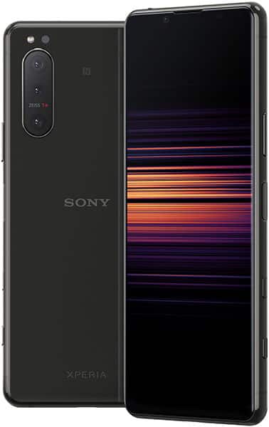 Sony Xperia 5 II front and rear view, black phone with triple camera lens and display showing colorful horizontal lines