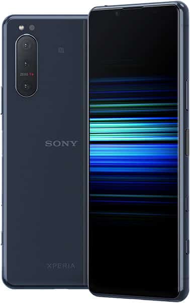 Sony Xperia 5 II front and rear view, dark blue, showing dual camera setup and screen displaying blue horizontal lines