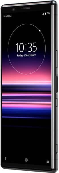Front view of black Sony Xperia 5 showing screen with 10:35, Sept 6, striped wallpaper; right-side buttons visible.
