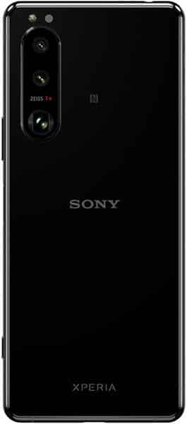Sony Xperia 5 III rear view, black phone with triple camera array on upper left and Sony/Xperia branding