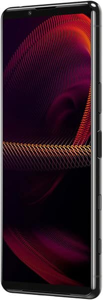 Sony Xperia 5 III front view with black frame and display showing red and orange abstract wave pattern