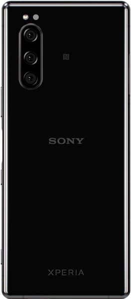 Rear view of black Sony Xperia 5 with triple vertical cameras, flash top left, and Sony/Xperia logos at center and bottom.