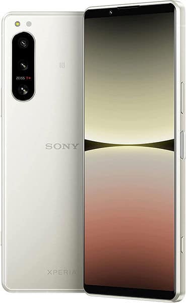 Sony Xperia 5 IV in white, front and rear view showing display with landscape gradient and triple rear camera setup