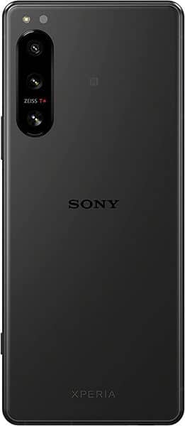 Sony Xperia 5 IV rear view, black, showing vertical camera array with Zeiss branding and Sony logo