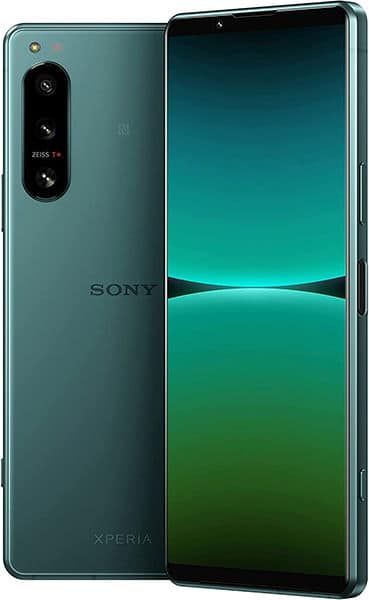 Sony Xperia 5 IV in teal, shown front and back with display featuring gradient wallpaper and triple rear camera setup