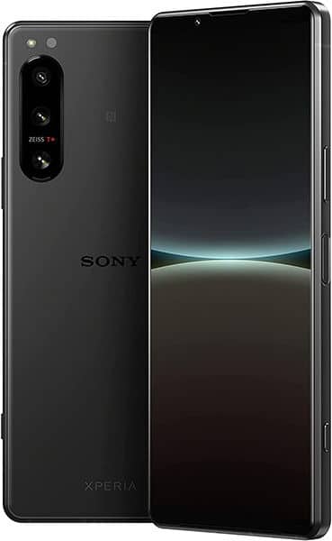 Sony Xperia 5 IV front and rear view, black phone with display screen on and triple camera setup visible on back