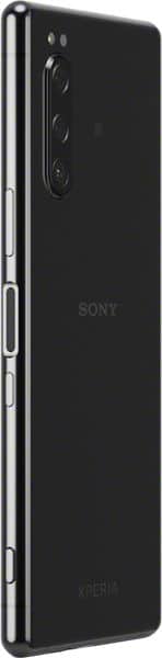 Rear angled view of black Sony Xperia 5 showing triple vertical cameras, flash, side buttons, and centered Sony logo.