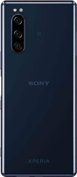Rear view of dark blue Sony Xperia 5 showing triple vertical cameras and centered Sony logo.