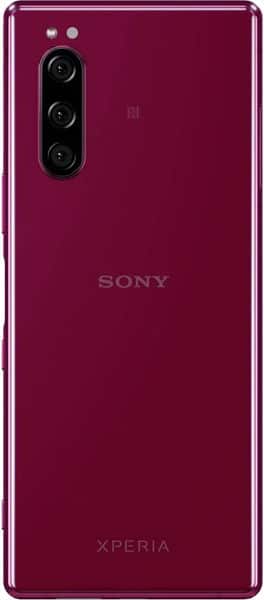 Rear view of a burgundy Sony Xperia 5 showing a vertical triple camera on the top left and centered Sony logo.