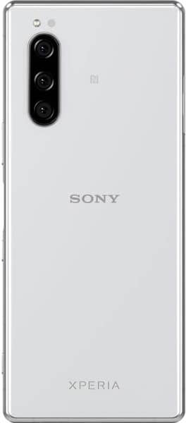 Rear view of white Sony Xperia 5 showing triple vertical cameras (top left) and “SONY” plus “XPERIA” logos on the back.