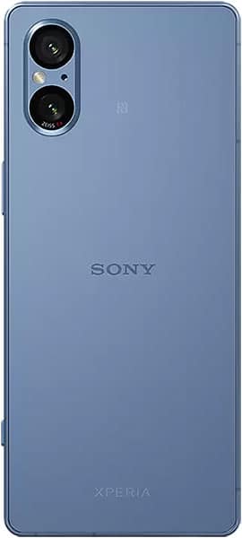Rear view of blue Sony Xperia 5 V showing dual vertical cameras top left and centered Sony logo on the back panel.