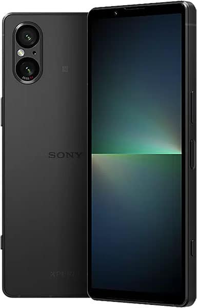 Sony Xperia 5 V in black, shown front and rear; front has display on, rear features dual cameras and Sony logo.