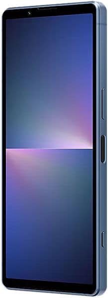 Sony Xperia 5 V in blue, front view at slight angle, minimal bezels, side power button, gradient screen with light beams.