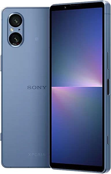 Sony Xperia 5 V shown front and back: blue color, tall slim display with minimal bezels, dual cameras on the rear.