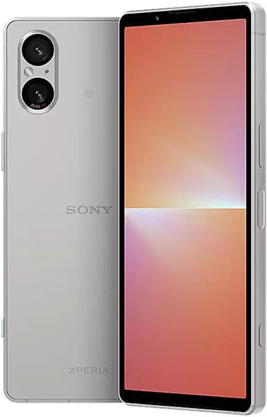 Sony Xperia 5 V in silver shown front and rear; dual rear cameras, Sony logo, and gradient display identified.