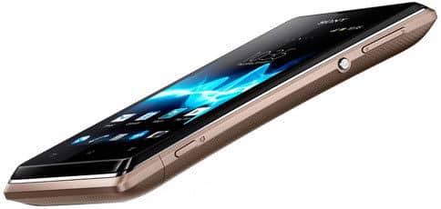 Sony Xperia E dual smartphone, front view, with black screen and bronze-colored curved body