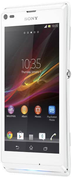 Front view of white Sony Xperia L showing home screen, time 10:35, date Jan 3, and apps like Walkman and PlayStation Mobile.
