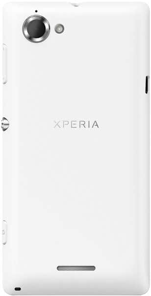 Rear view of white Sony Xperia L with centered Xperia logo, rear camera, flash at top, and speaker grille at the bottom.