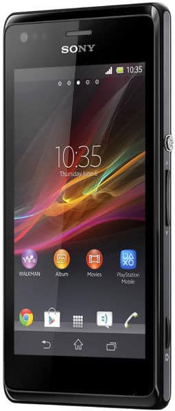 Sony Xperia M front view with colorful wallpaper displaying time 10:35, app icons, and navigation buttons at bottom